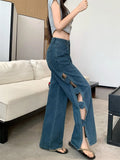 MQTIME  -  3D Floral Hollow Out Women Jeans Split Hotsweet Summer Casual Fashion Full Length Denim Pants Blue Streetwear Loose Trousers