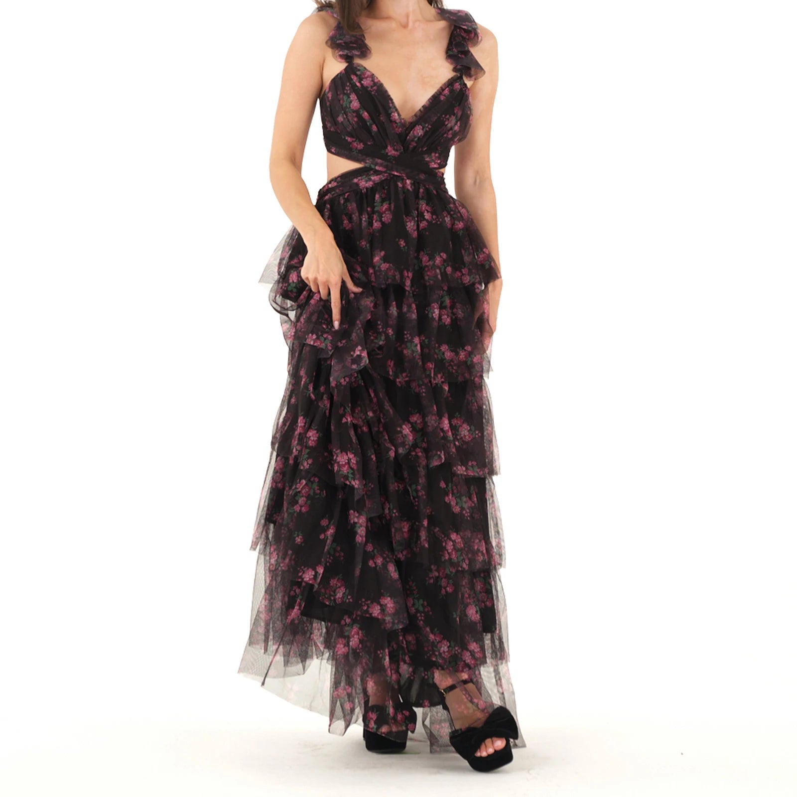 MQTIME  -  Women Summer Floral Print Ruched Bust Sleeveless V-Neck Ruffle Layered Lace-up Backless Flowy A-Line Long Cake Dress