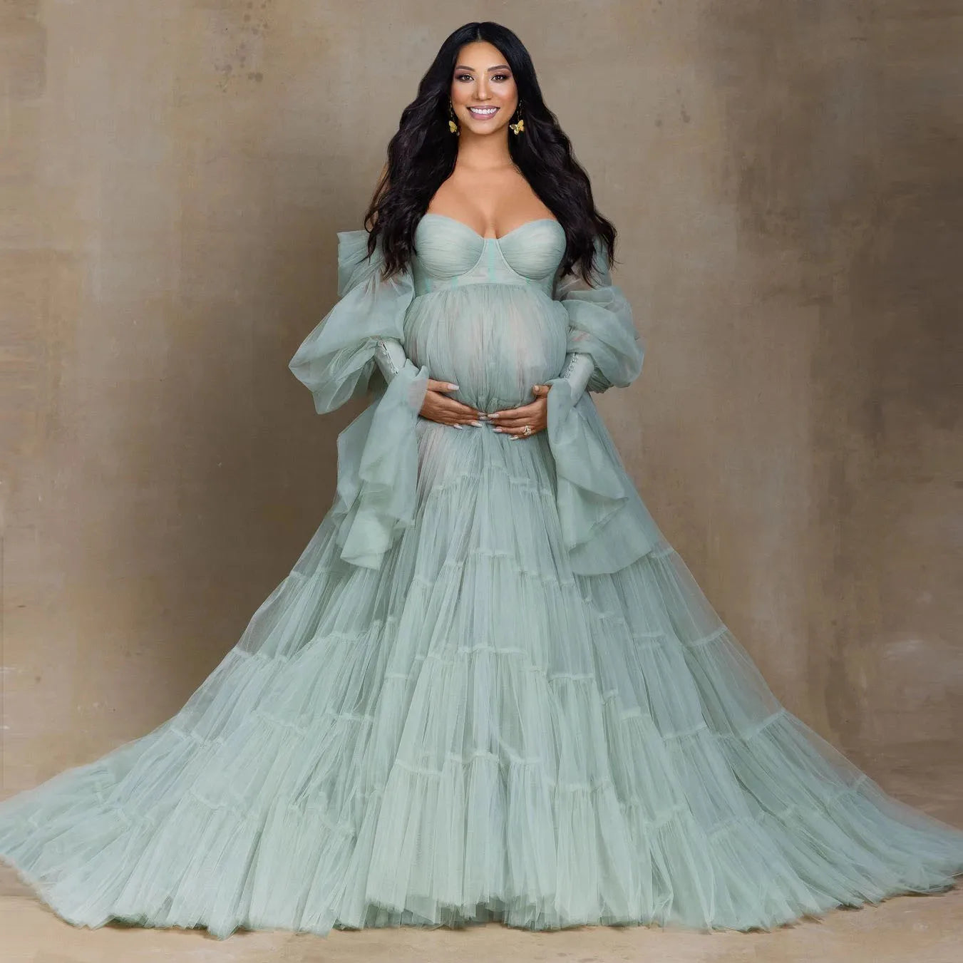 Mqtime  Elegant Tulle Maternity Dress for Photoshoot Ruffle Puff Sleeves Bridal Robe Maternity Gowns Green Pregnancy Photography Dresses