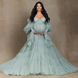 Mqtime  Elegant Tulle Maternity Dress for Photoshoot Ruffle Puff Sleeves Bridal Robe Maternity Gowns Green Pregnancy Photography Dresses