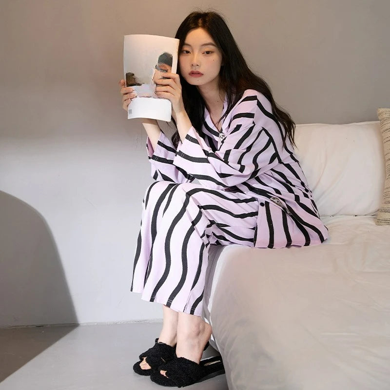 MQTIME  -  Women Spring Autumn and Winter Pure Cotton Long-sleeved Striped Lace Lapel High-end Light Luxury Loungewear Set Comfort