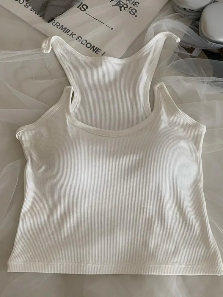 MQTIME  -  Invisible Strap Tank Top For Women Knit Ribbed Sleeveless Basic T-Shirt Cropped Corset Bustier Tops With Open Shoulder