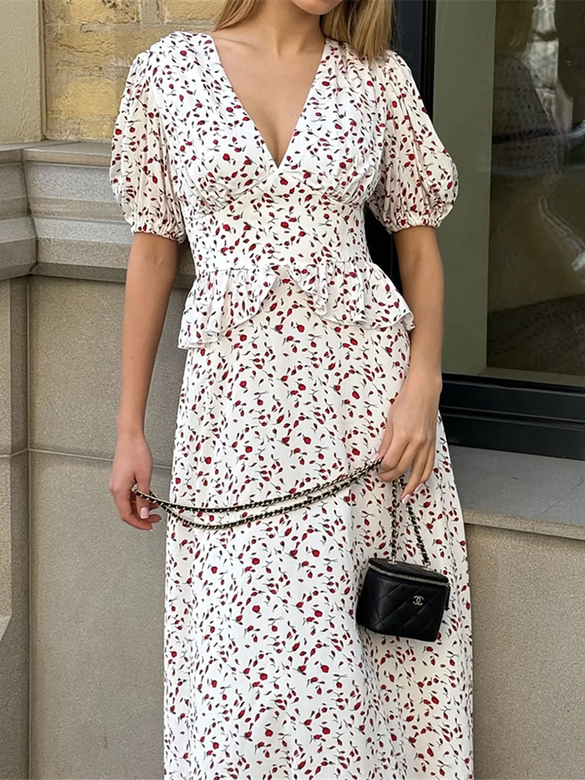 MQTIME  -  Flowers Printed V-Neck Waist Hugging Long Dress Female Puff Sleeve Elegant Fashion Dress Short Sleeve Slimming Women Dress D554