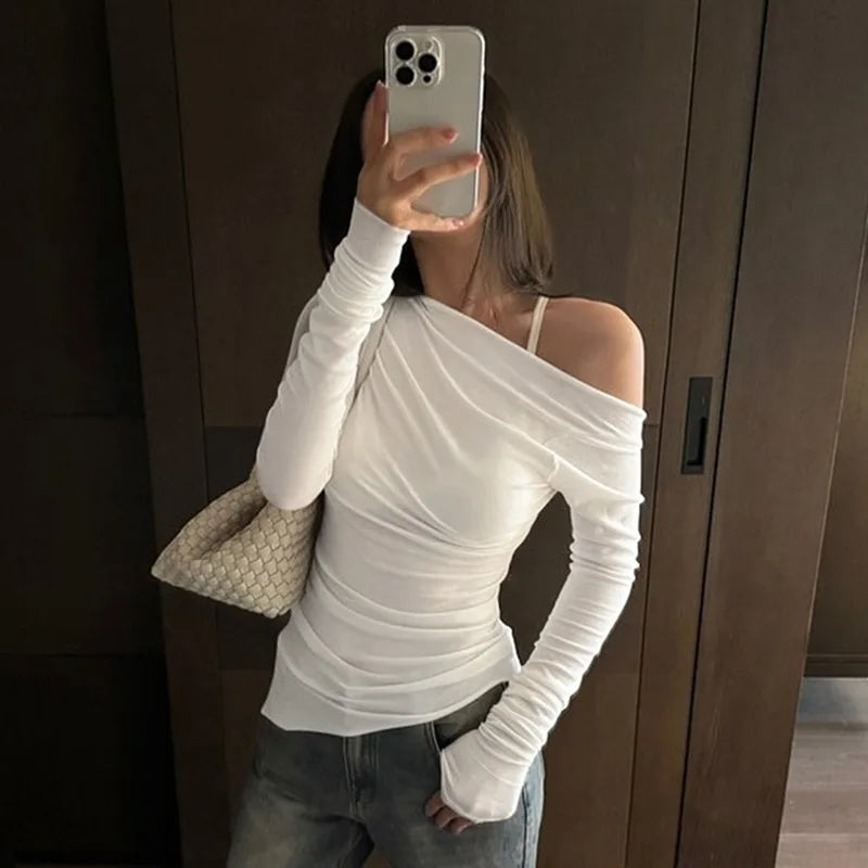 MQTIME  -  Slim Solid Pleated Slant Collar T-Shirts Ladies Street Casual Basic Pullover Tees Slanted Shoulders Long Sleeve Tops For Women