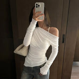 MQTIME  -  Slim Solid Pleated Slant Collar T-Shirts Ladies Street Casual Basic Pullover Tees Slanted Shoulders Long Sleeve Tops For Women