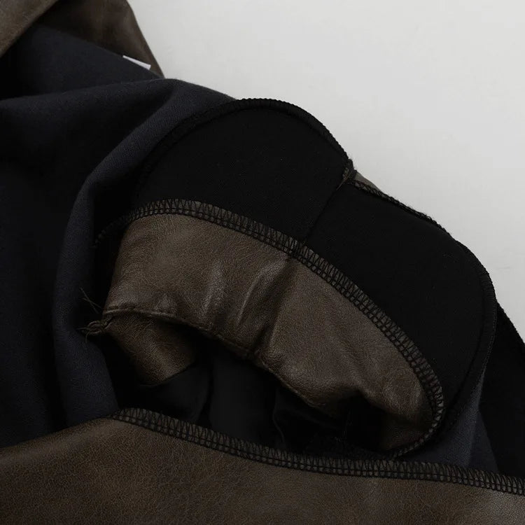 MQTIME  -  Retro Fashion PU Leather Skirt Set Women's Design Sense Cutout Long Sleeve Top Luxury Sense Two-piece Set