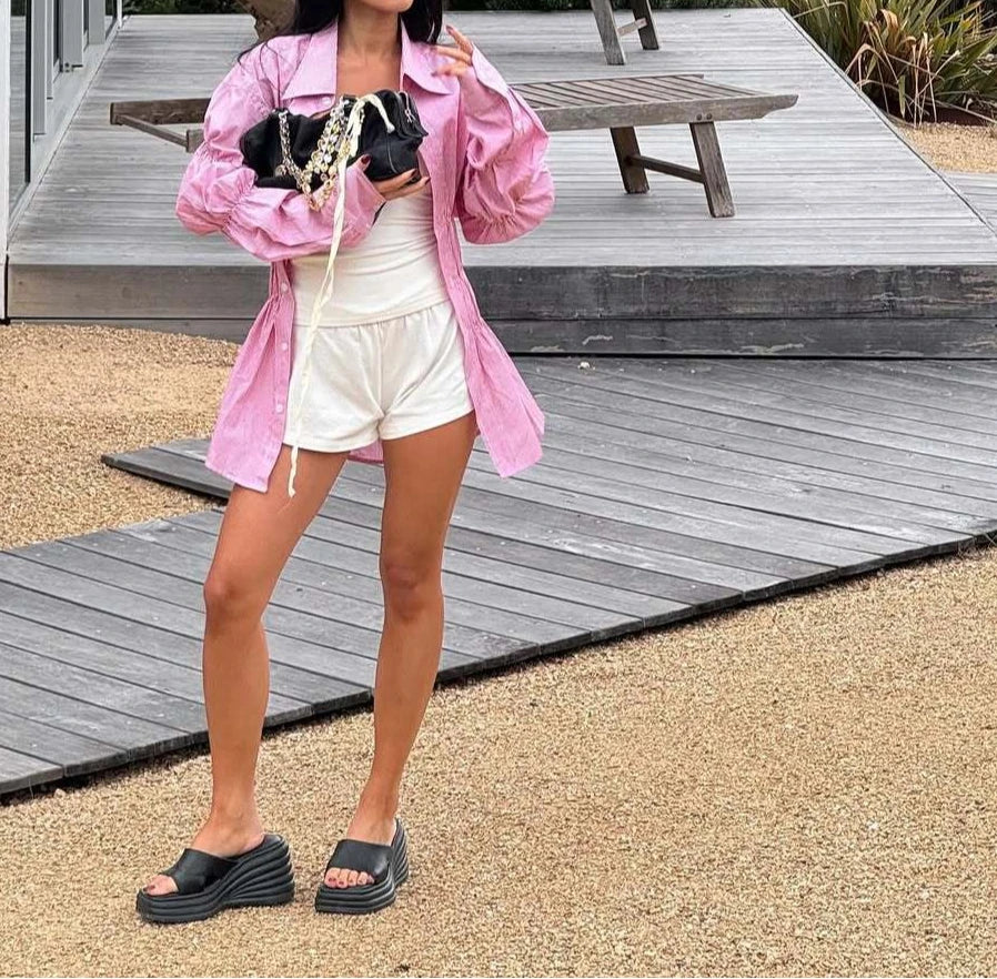 MQTIME  -  Spring 2025 New Style Checked Fitted Blouse for Ladies with Pleated Sleeves and Shirt Design streetwear dress for women