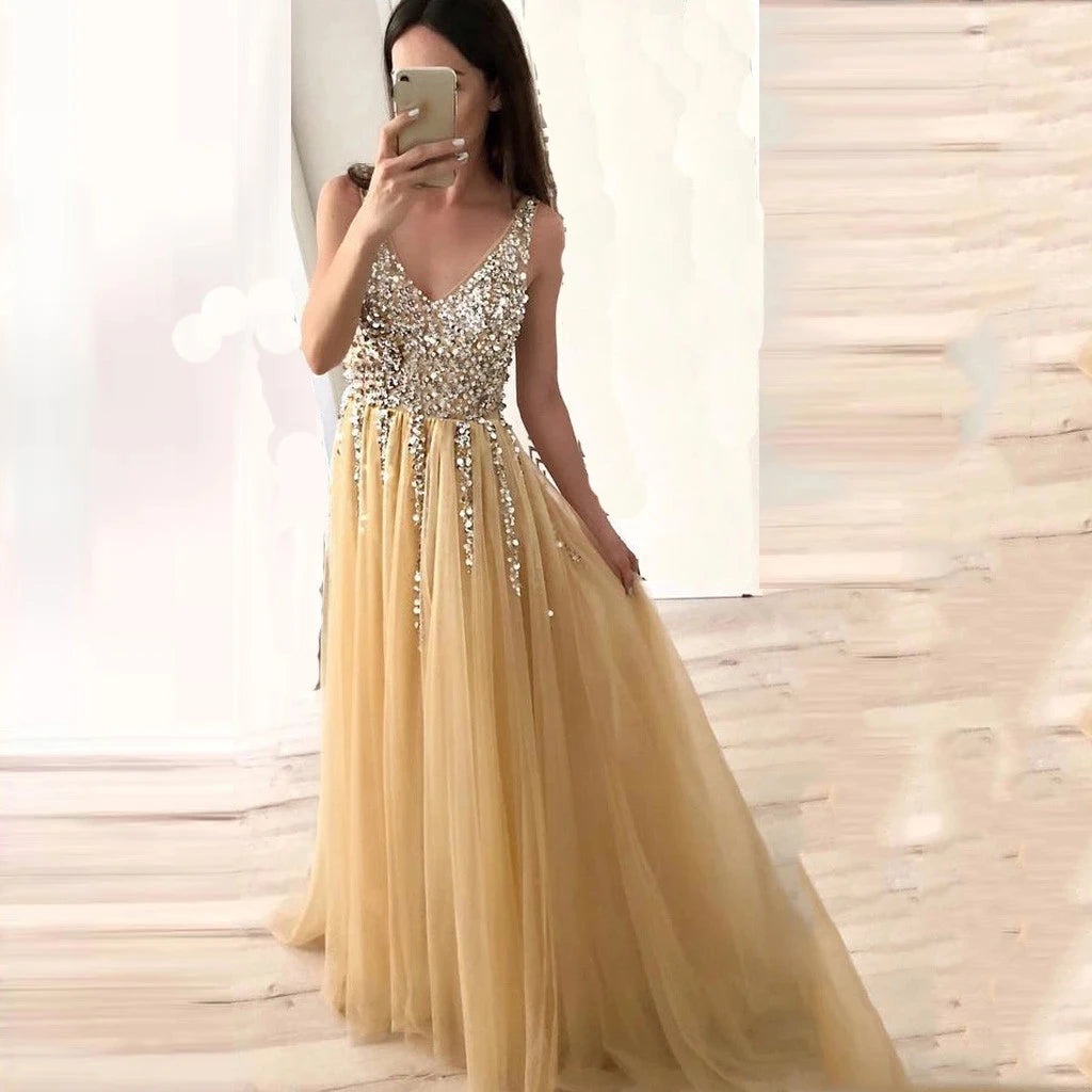 MQTIME  -  Sexy Women Front And Back V-Neck Sequin Mopping Dovetail Dress For Photography Props Summer Beach Front Back Split Clothing