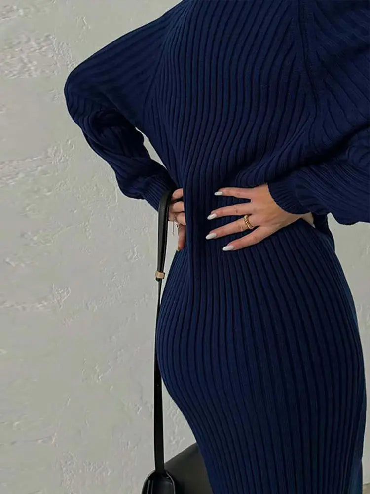MQTIME  -  Ribbed Knitted Midi Dress Women Fashion High Neck Full Sleeve Side Slit Dresses 2025 Autumn Winter Female Daily Casual New Robe