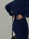 MQTIME  -  Ribbed Knitted Midi Dress Women Fashion High Neck Full Sleeve Side Slit Dresses 2025 Autumn Winter Female Daily Casual New Robe