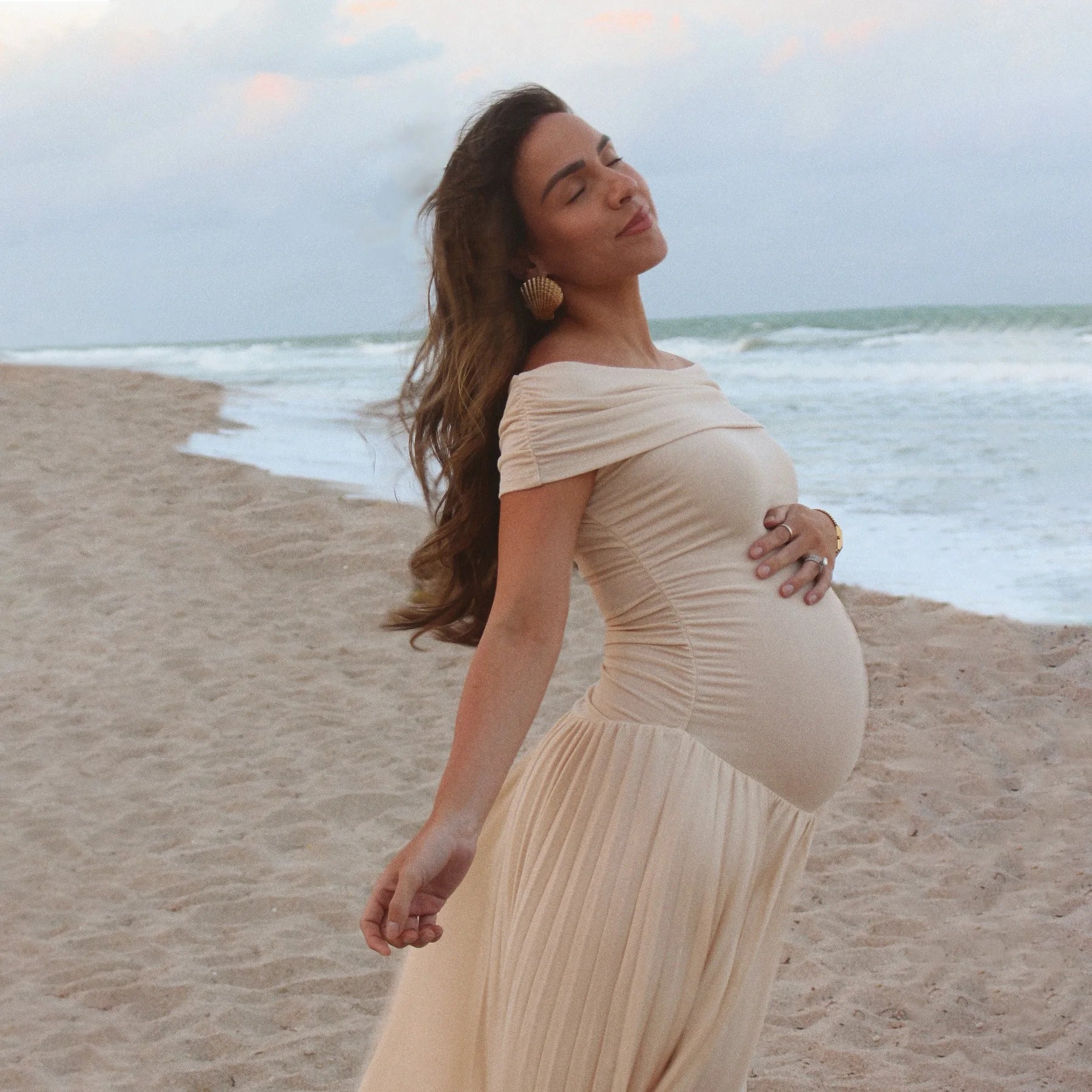 MQTIME  -   Maternity Photoshoot Dress  Baby Shower , Pregnancy Photography Outfit Elegant Off Shoulder Sexy pleated French long skirt