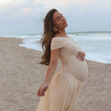 MQTIME  -   Maternity Photoshoot Dress  Baby Shower , Pregnancy Photography Outfit Elegant Off Shoulder Sexy pleated French long skirt