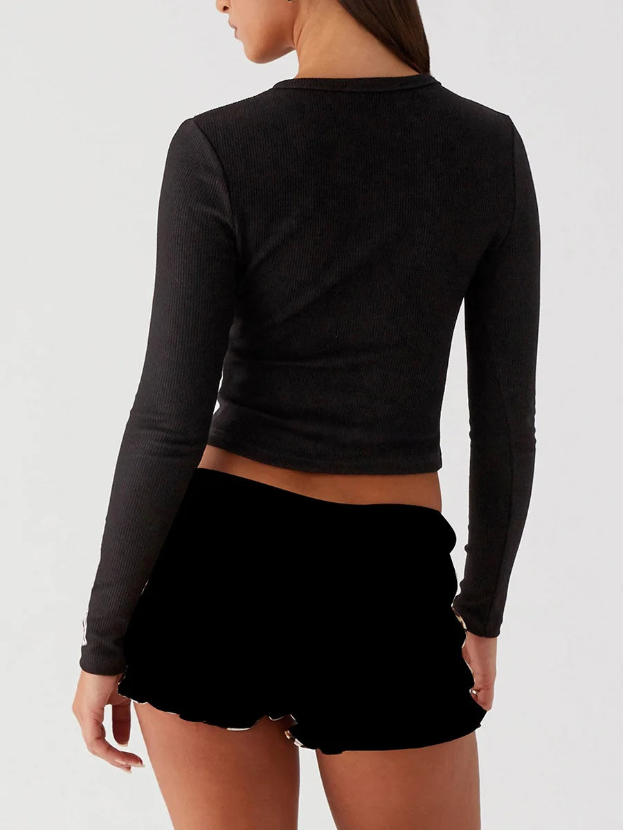 MQTIME  -  Women's Summer Y2K Basic Cropped Tops Ribbed Button-down Front Long Sleeve Simple Slim Fit Grunge T-Shirt Streetwear