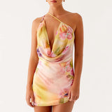 MQTIME  -  Fashion Hight Waist Sleeveless Mini Dress Sexy One Shoulder Draped Bodycon Dress Women Elegant Swing Neck Print Slim Short Dress