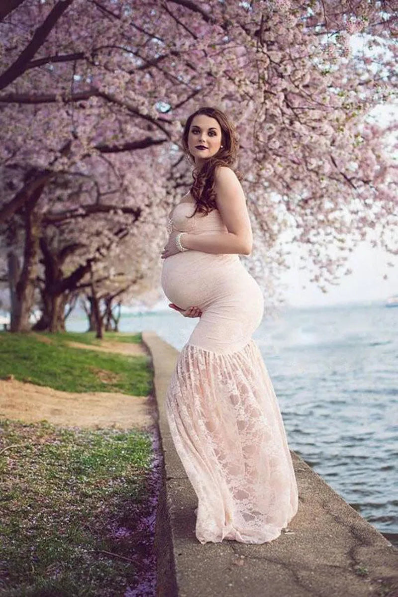 MQTIME  -  Sexy Strapless Maternity Shooting Dresses For Baby Shower Women Pregnancy Photo Gown Pink Lace Long Pregnant Photography Clothes