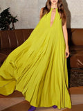 MQTIME  -  Women's Vibrant Yellow Halter Wrap Maxi Dress Deep V-neck Sexy Pleated Long Evening Dresses Elegant Photoshoot Dress