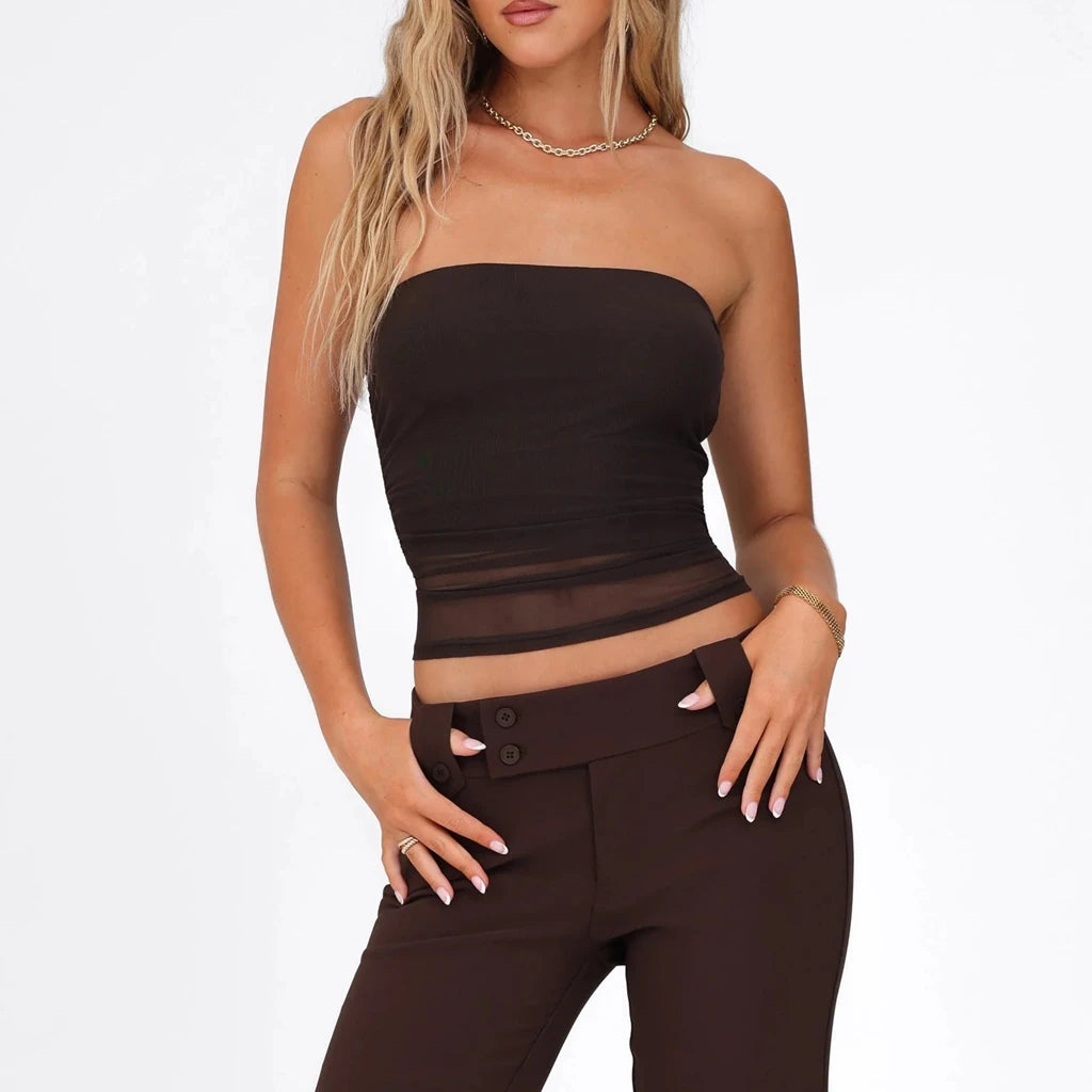 MQTIME  -  Women's Summer Strapless Bandeau Tops Stylish Solid Color Sheer See-Through Slim Fit Ruched Backless Crop Tube Vest