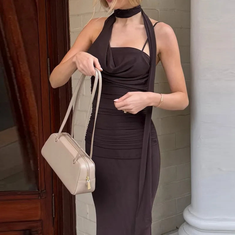 MQTIME  -  Women Gown Strapless Vestidos Brown Halter Off-shoulder Sexy Maxi Dress Sleeveless Backless Folds Club Party Long Dresses