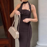 MQTIME  -  Women Gown Strapless Vestidos Brown Halter Off-shoulder Sexy Maxi Dress Sleeveless Backless Folds Club Party Long Dresses