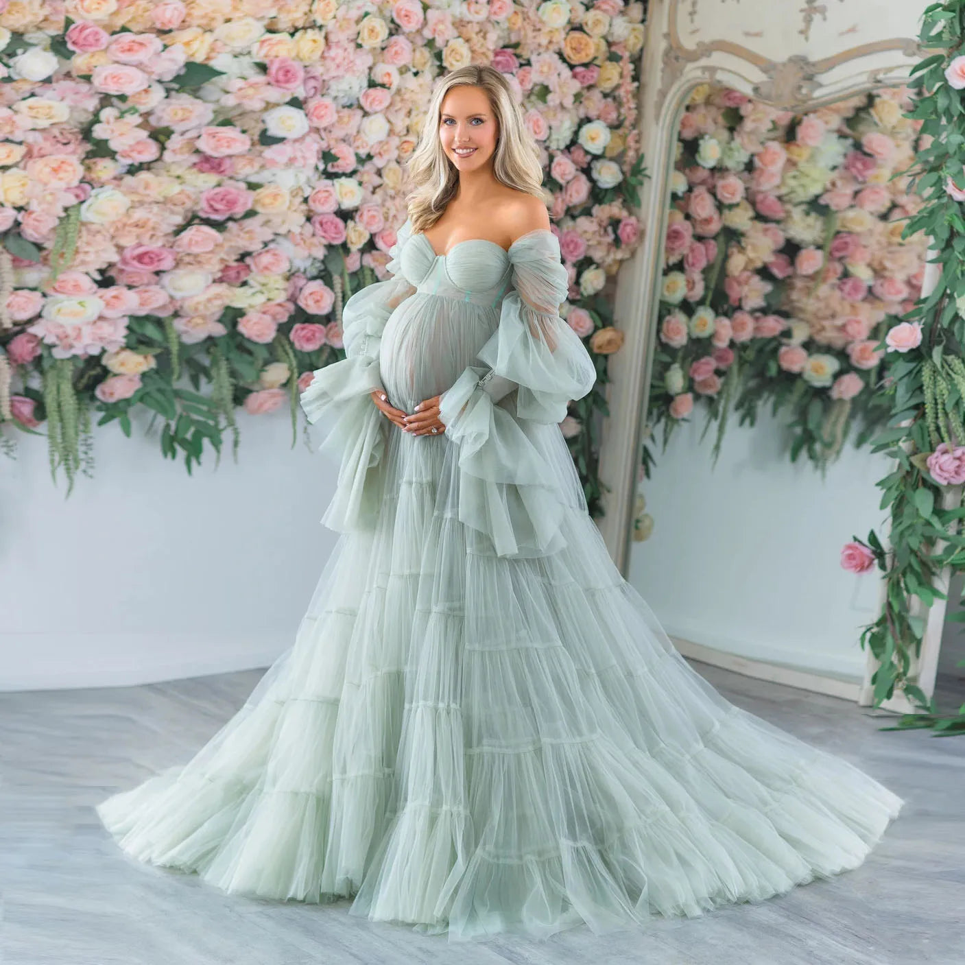 Mqtime  Elegant Tulle Maternity Dress for Photoshoot Ruffle Puff Sleeves Bridal Robe Maternity Gowns Green Pregnancy Photography Dresses