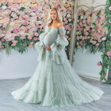 Mqtime  Elegant Tulle Maternity Dress for Photoshoot Ruffle Puff Sleeves Bridal Robe Maternity Gowns Green Pregnancy Photography Dresses