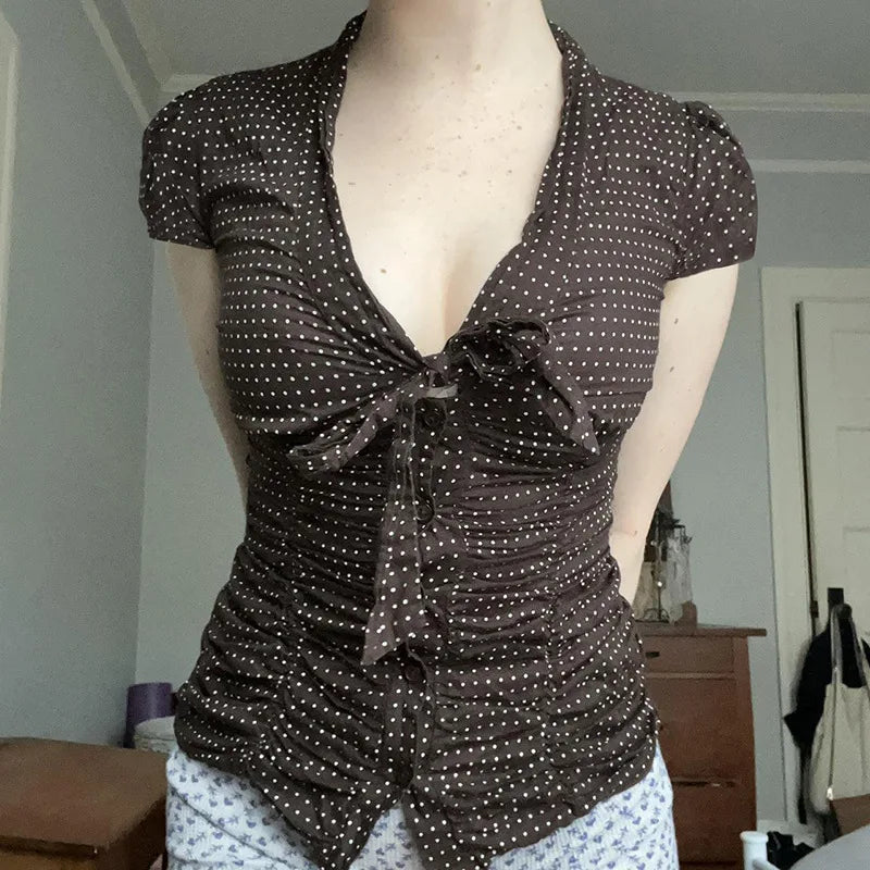 MQTIME  -  French lace up bow polka dot breasted short top with retro style, pleated waist, slimming effect, versatile short sleeved shirt