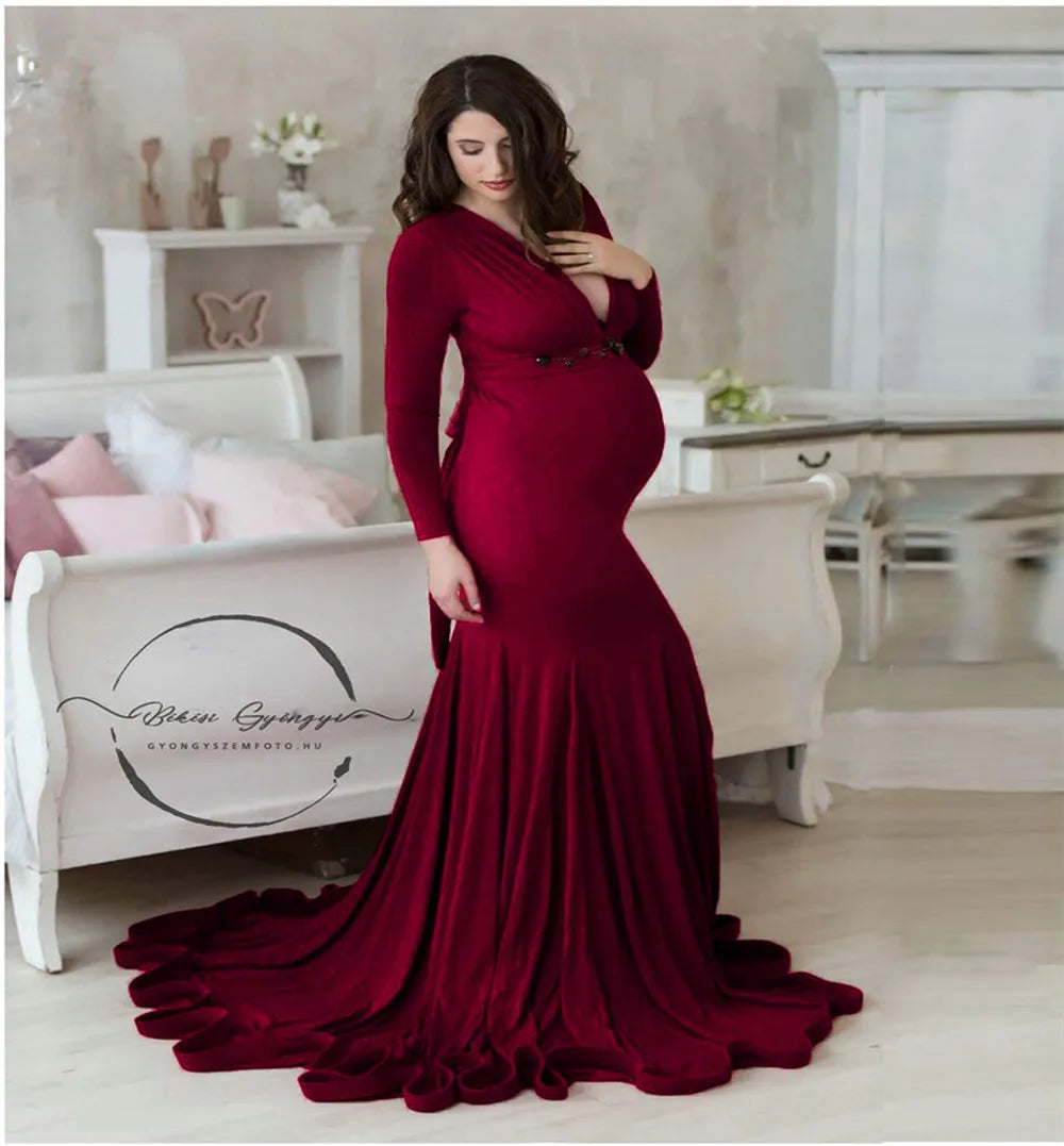 MQTIME  -  Sexy Maternity V-neck Dresses Photography Long clothing Pregnancy Shoot Maxi Gown For Baby Showers Pregnant Women Photo Props