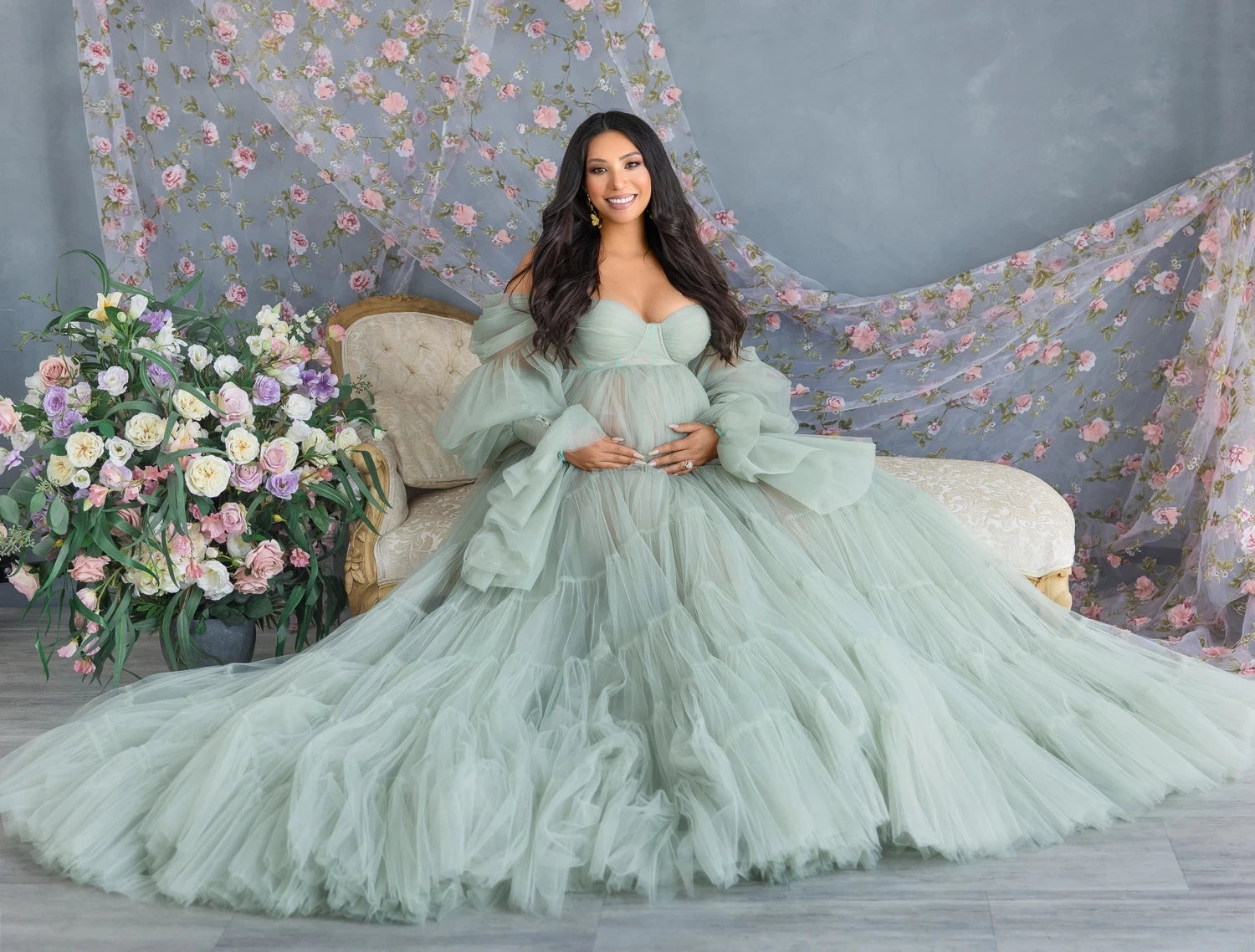 Mqtime  Elegant Tulle Maternity Dress for Photoshoot Ruffle Puff Sleeves Bridal Robe Maternity Gowns Green Pregnancy Photography Dresses