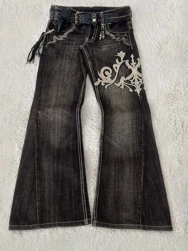MQTIME  -  New Y2k Retro Flared Jeans Women Harajuku Gothic Embroidery Denim Pants Vintage Punk Baggy Street Grunge Washed Trousers