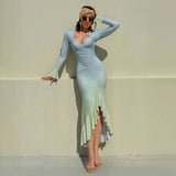 MQTIME  -  Gradient Color Flared Sleeve Women's Evening Dress Deep-V Neck Pleated Bandage Gown Blue Slim Party Skirt New Arrival In Stock