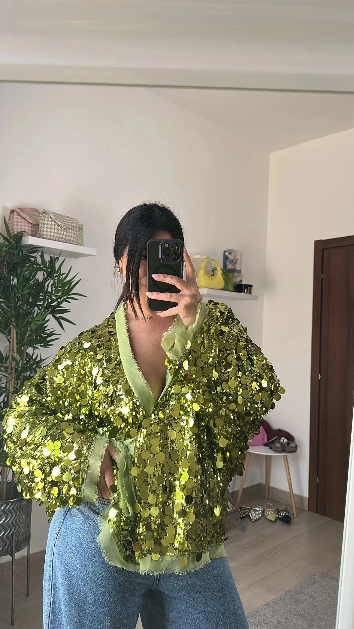 MQTIME  -   Luxury Sequin Oversized Wrap Jacket Fringe Trim Tie-Waist V-Neck Sparkly Coat Women's Casual Party Club Streetwear Outfits