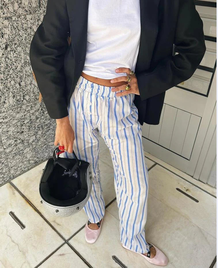 MQTIME  -  Womens Casual Cleanfit Striped Pants Elastic Low Waist Striped/Plaid Loose Aesthetic Trousers Streetwear with Pockets