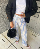 MQTIME  -  Womens Casual Cleanfit Striped Pants Elastic Low Waist Striped/Plaid Loose Aesthetic Trousers Streetwear with Pockets
