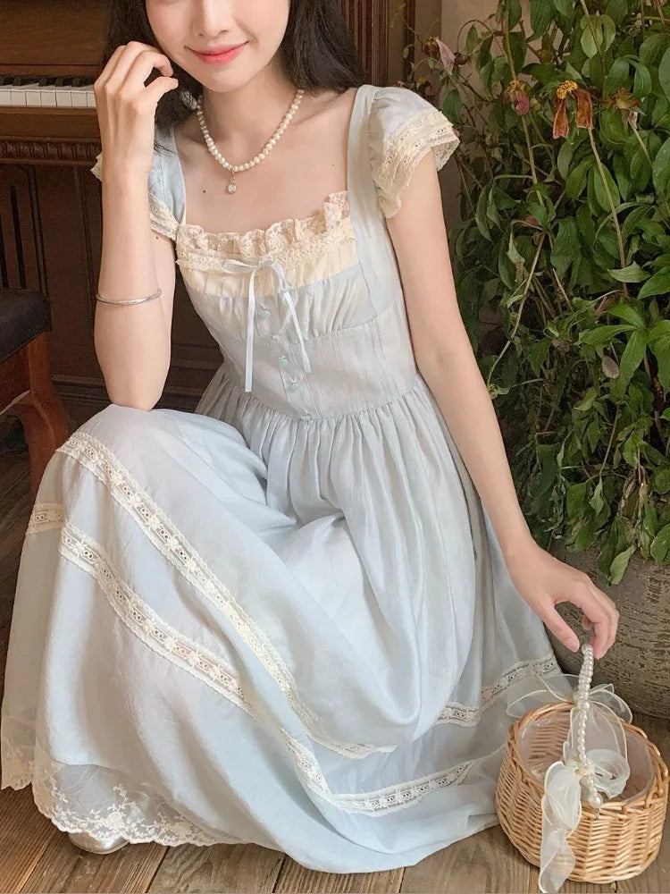 MQTIME  -  Summer French Retro Style Dress Women Sweet Lace Edge Flutter Sleeve Clothes Bow Blue Long Dresses Elegant Chic Style New
