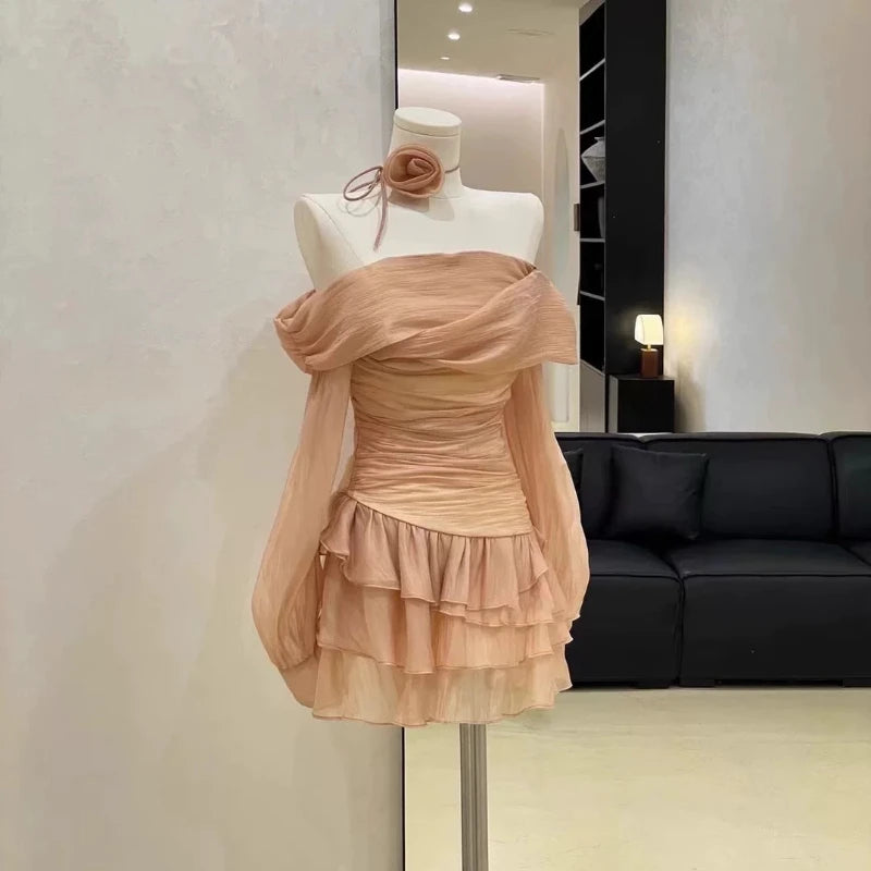 MQTIME  -  French Style Off Shoulder Lantern Sleeve Dress Women Slim Fit Waist A-Line Ruffled Cake Dress Prom Floral Tie Up Bustier Dresses