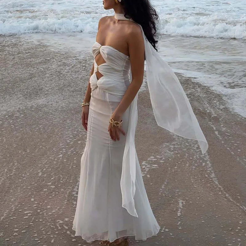 MQTIME  -  Sexy Sleeveless Hollow Out Sheath Long Dress Fashion Pleated Swing Romantic Dress Elegant Strapless Desire Style Gowns Dresses