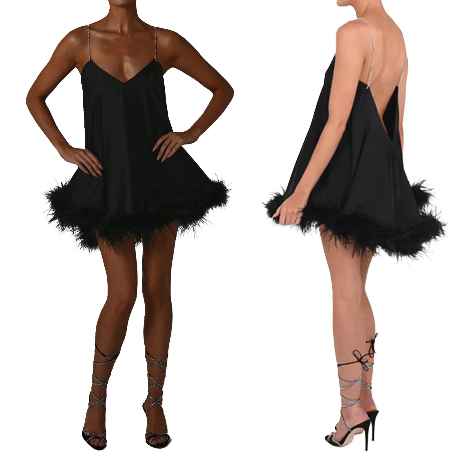 MQTIME  -  Women Solid Color Feather Trim V-Neck Chain Spaghetti Straps Sling Mini Dress Summer Sleeveless Backless vestido