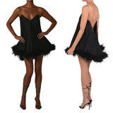 MQTIME  -  Women Solid Color Feather Trim V-Neck Chain Spaghetti Straps Sling Mini Dress Summer Sleeveless Backless vestido