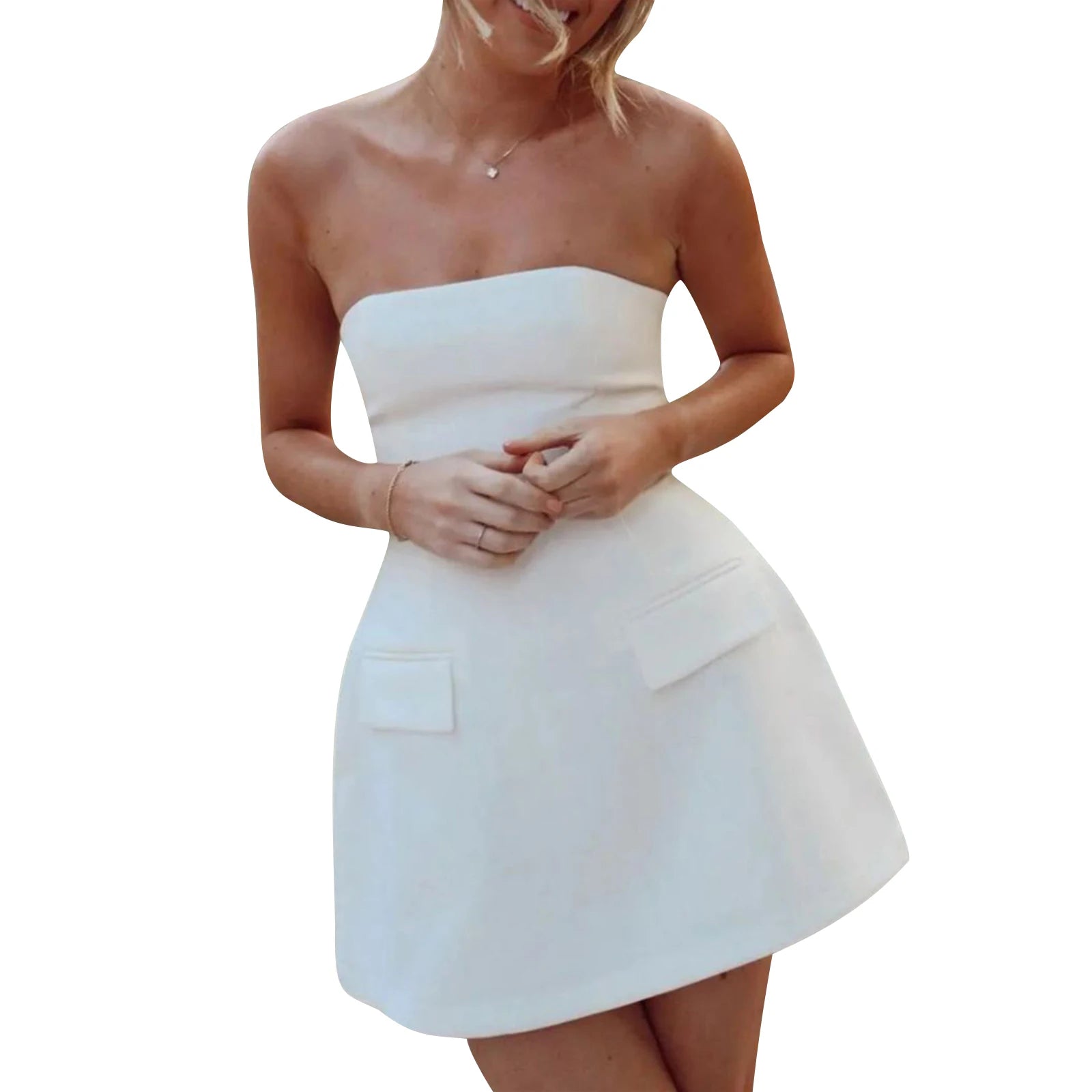 MQTIME  -  Women's Summer Vintage Elegant Sleeveless Off Shoulder Strapless Party Clubwear Tube Top A-Line Dress with 2 Pockets