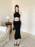 MQTIME  -  Hollow Out Sexy Crop Dress Women Slim Fit American Hotsweet Black Patchwork Dress Summer Sleeveless Halter Simple Knit Dress