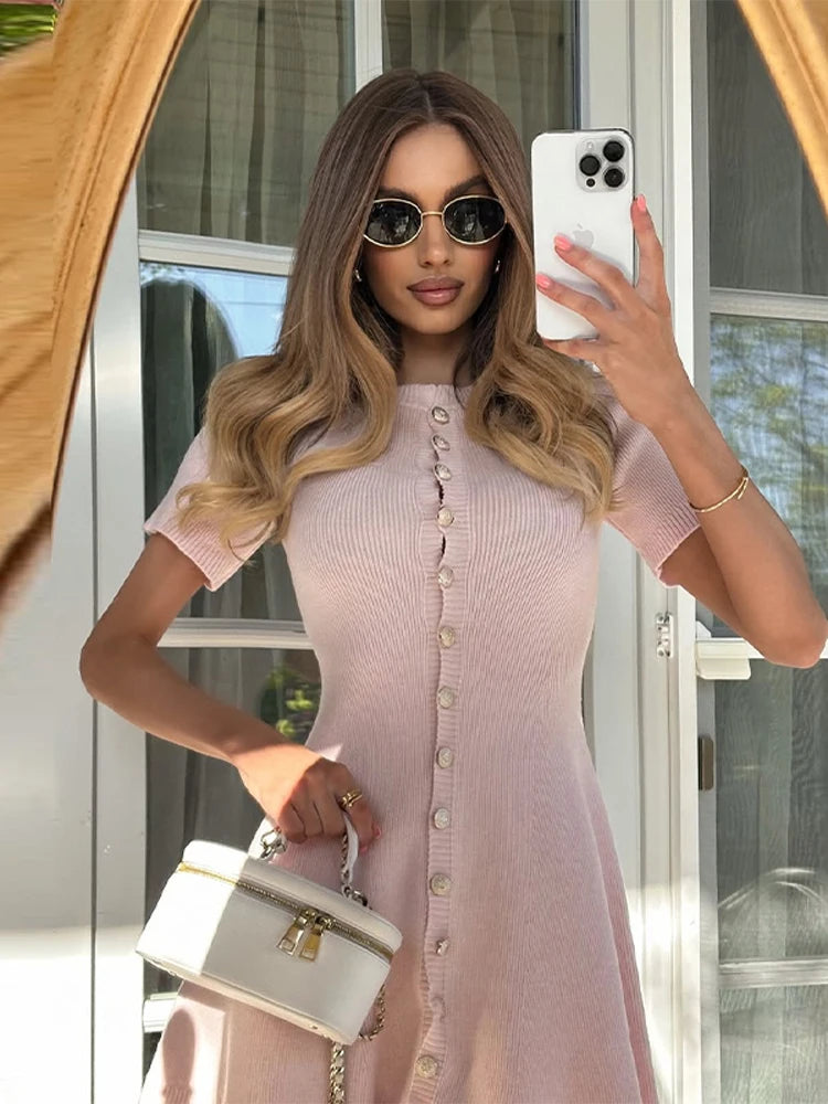 MQTIME  -   Casual Solid Knit Dress Women Elegant Short Sleeve Slim Single Breasted A-line Dresses Female 2025 Fashion Summer Lady Mini Robe