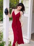 MQTIME  -  French Elegant Ruffle Dress Women Sexy V-neck Split Bodycon Dresses Ladies Vintage Evening Party Dress Red Robe Vestidos