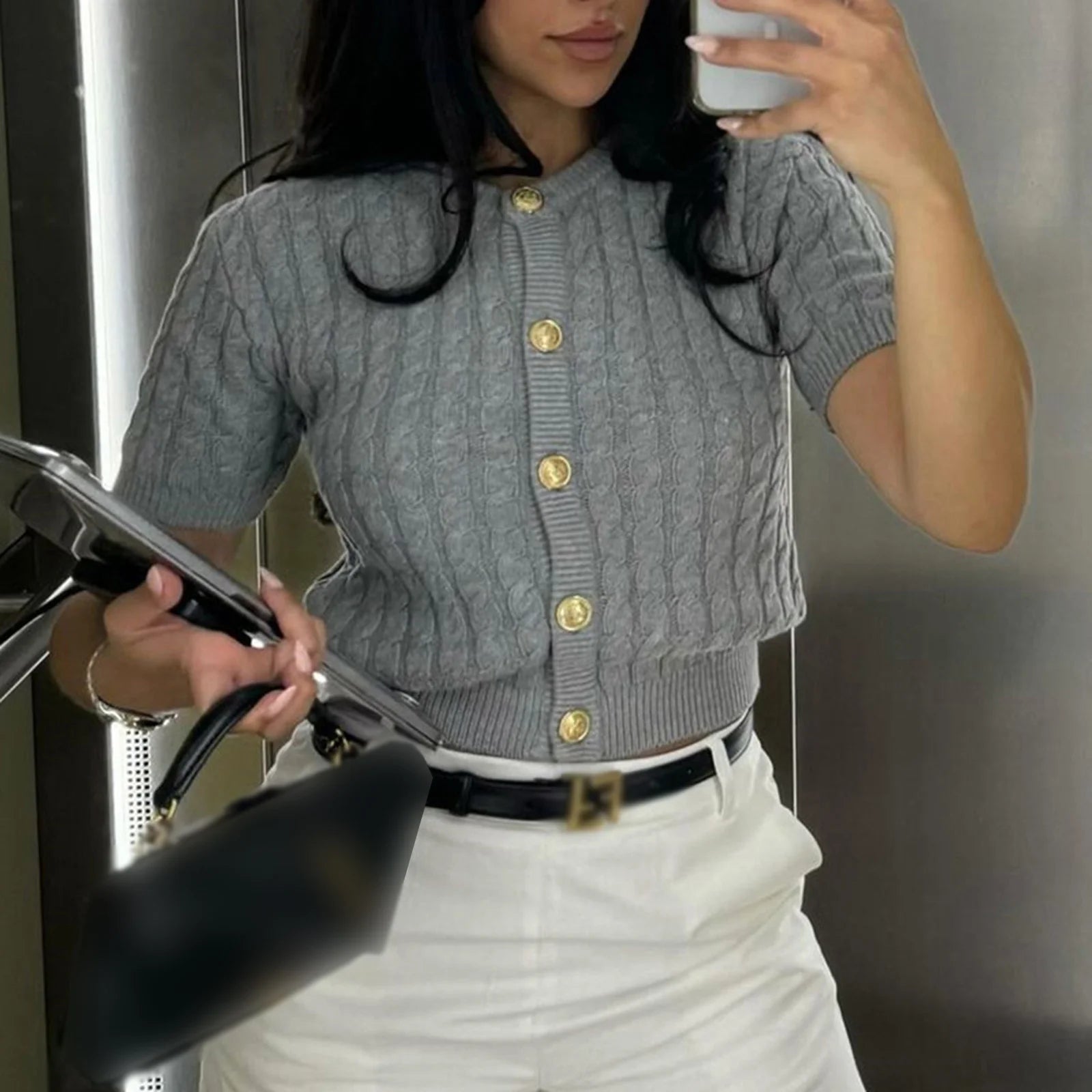 MQTIME  -  Women's Y2K Chic Cable Knitwear Cardigans Striped Short Sleeve Button-down Round Neck Cropped Slim Fit Sweater Tops