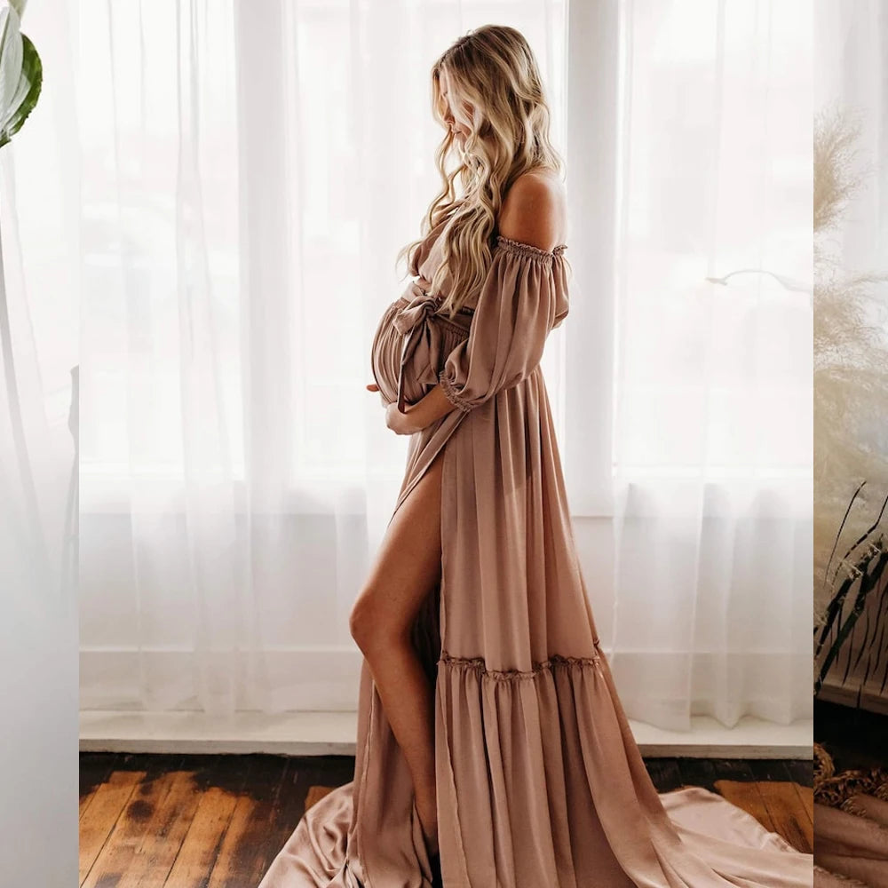 MQTIME  -  Maternity Photography Gown Soft Satin Off Shoulder Pregnant Woman Two piece set Dresses Bohemian Photo Shooting Pregnancy Dress