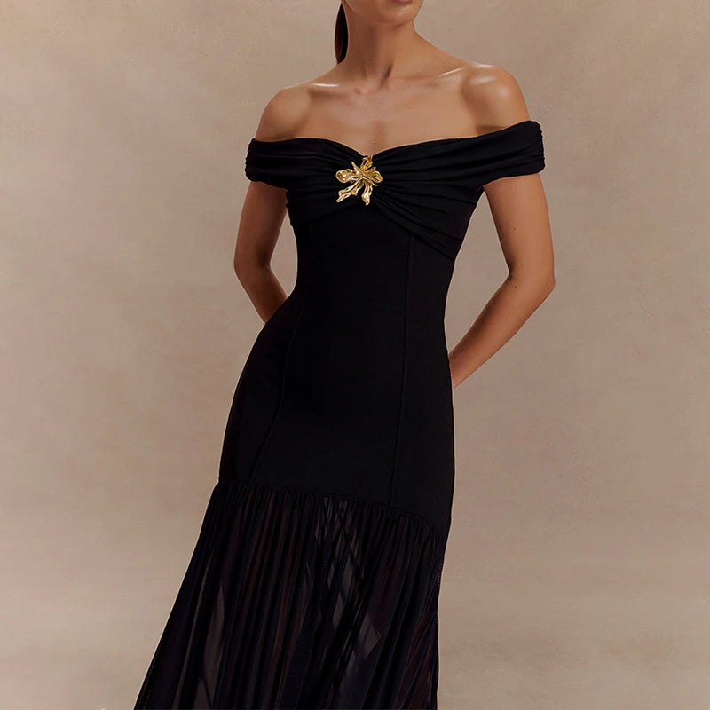 MQTIME  -  French Style Chest Floral Pure Color Spliced Dress Chic New Pleat Wrap Hips Dress Elegant Tube Top Sleeveless Banquet Long Dress