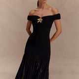 MQTIME  -  French Style Chest Floral Pure Color Spliced Dress Chic New Pleat Wrap Hips Dress Elegant Tube Top Sleeveless Banquet Long Dress