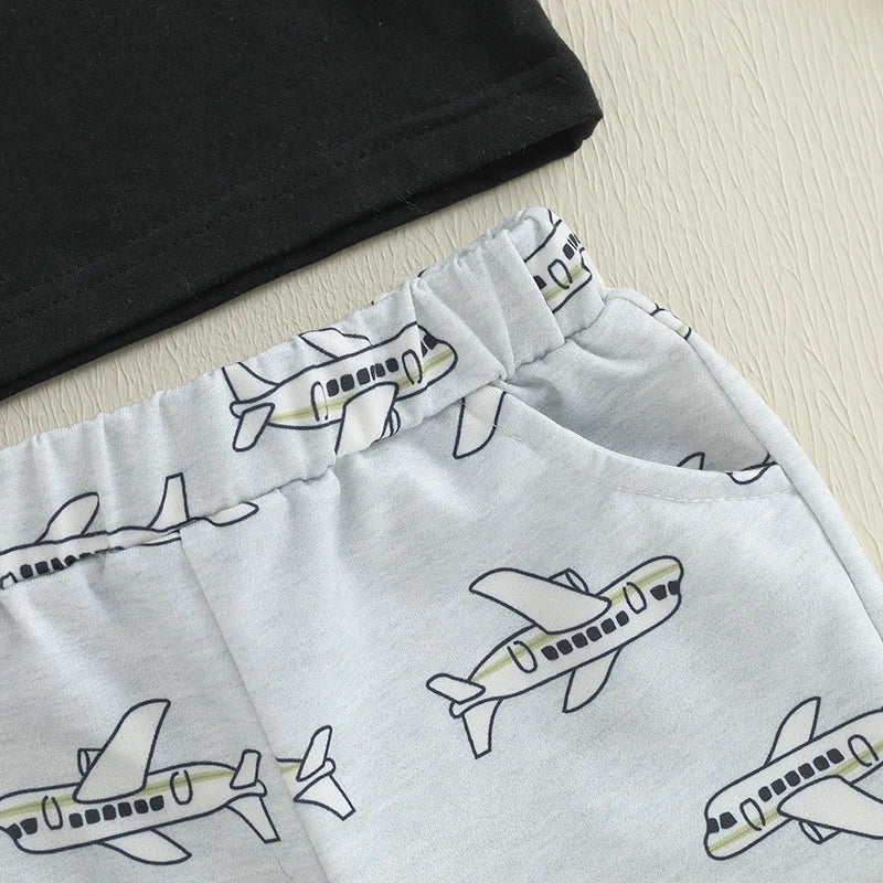 MQTIME  -  Baby Boy Dinosaur Print Short Sleeve T-shirt and Shorts Set Elastic Waistband 2 Piece Summer Outfit for Toddlers