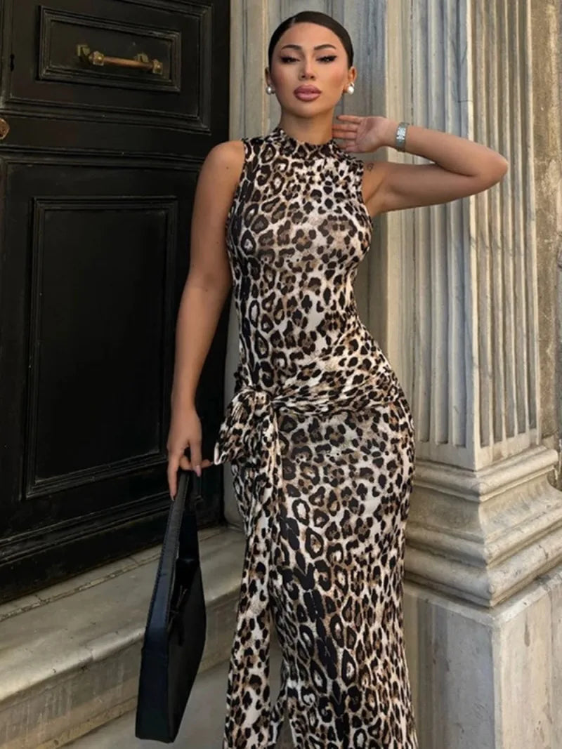 MQTIME  -  Woman Elegant Leopard Print Bandage Long Dress 2024 Summer Sexy O-neck Sleeveless Tunics Bodycon Slit Evening Party Dresses