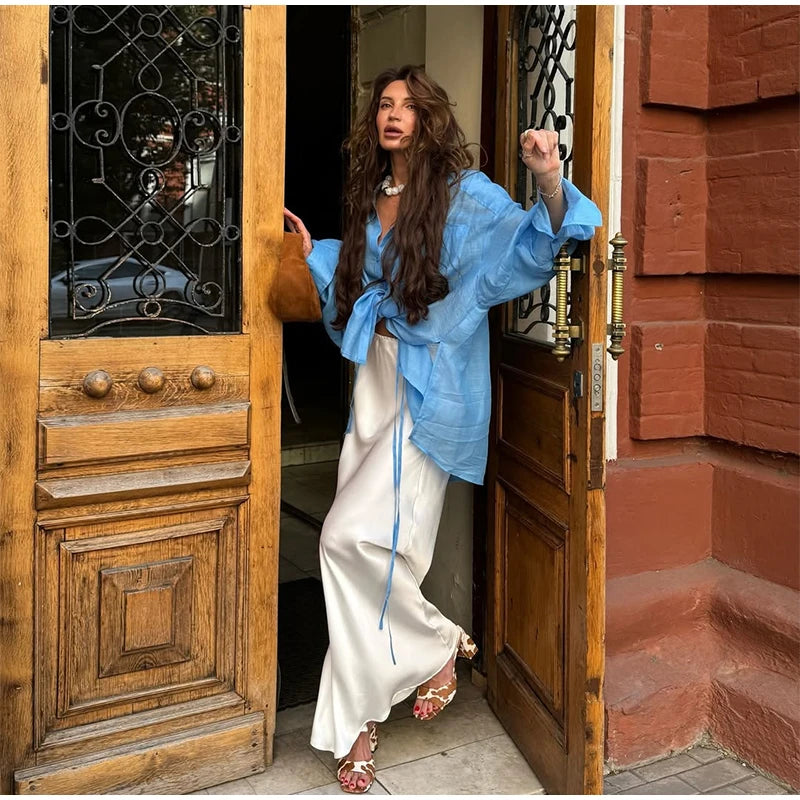 MQTIME  -   Oversized Women's Sheer Casual Shirt Blouse Draped Long Sleeve Lapel Loose Fit Outerwear New Casual Daily Streetwear Outfit