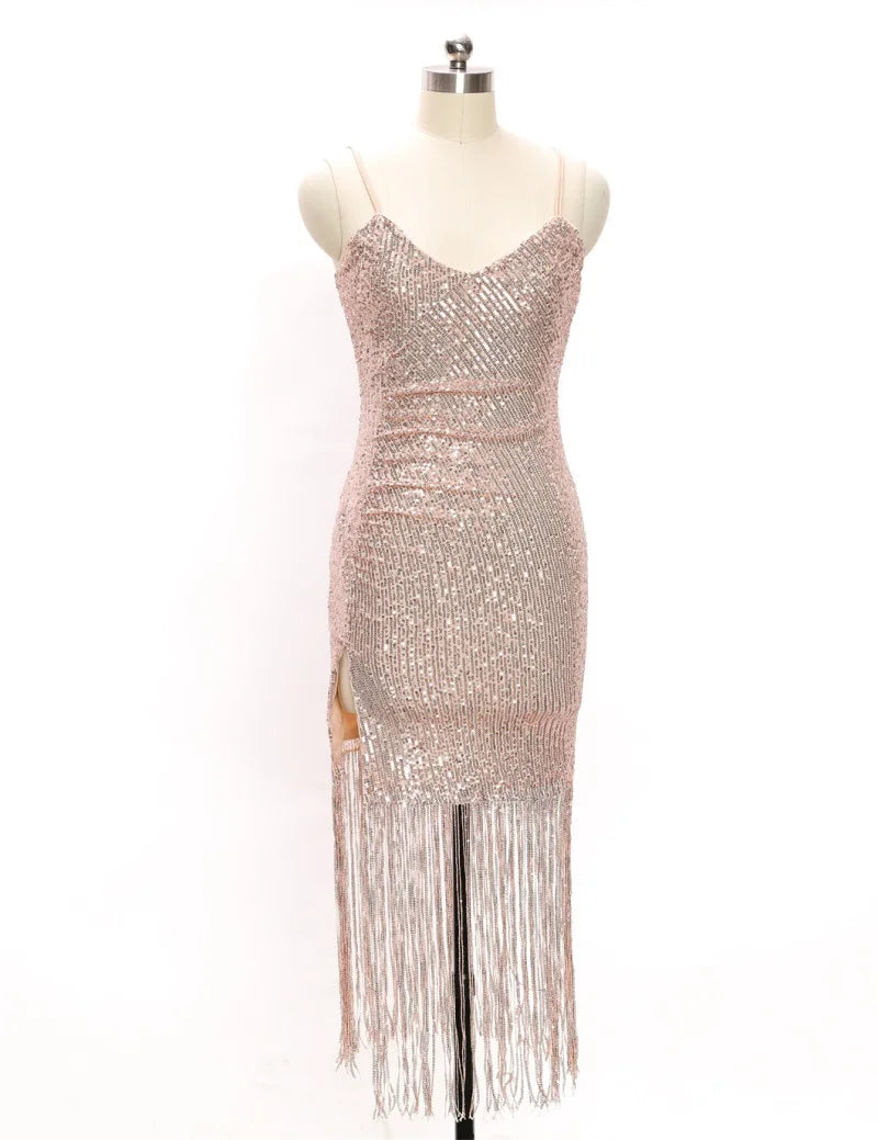 MQTIME  -  Spaghetti Strap Sequins Women's Bandage Dress Deep-V Neck Backless Bandage Gown Multiple Colors Sleeveless Party Skirt In Stock